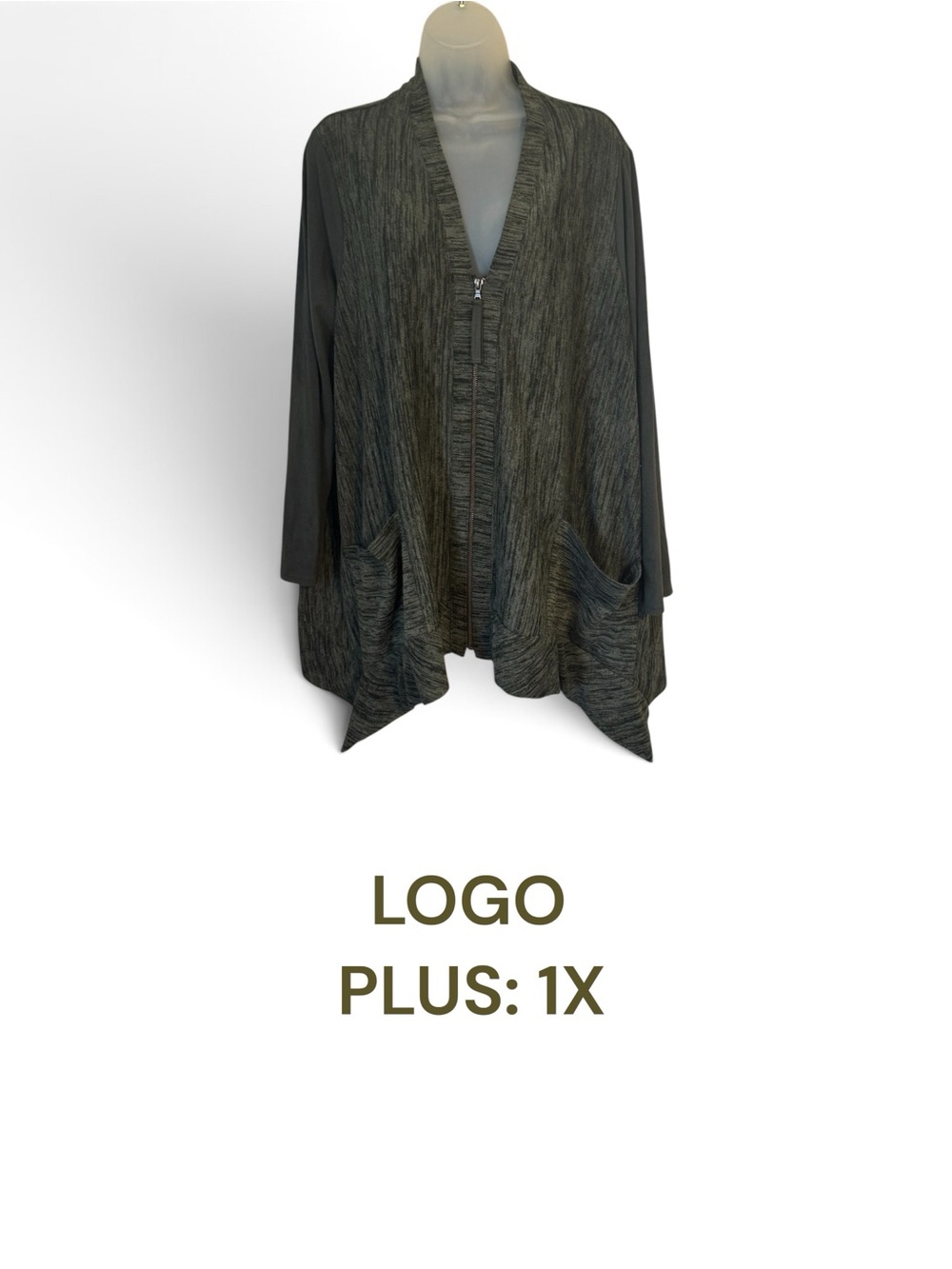 LOGO by Lori Goldstein Dark GREEN Zip Front Draped Cardigan FALL!!  PLUS: 1X  #N